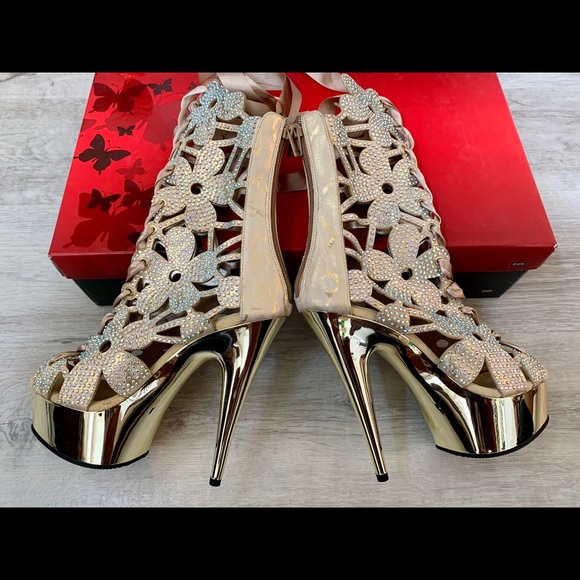 Pleaser Gold Flower Cutout Lace Up Stiletto Boots - Picture 6 of 11